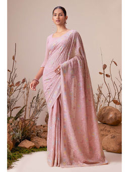 Soch - Womens Pink Foliage Embroidery & Stone Georgette Saree with Unstitched Blouse