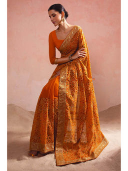 Soch - Womens Orange Ethnic Embroidery Georgette Saree with Unstitched Blouse