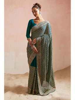 Soch - Womens Teal Ethnic Embroidery Georgette Saree with Unstitched Blouse
