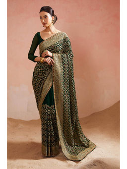 Soch - Womens Green Ethnic Embroidery Georgette Saree with Unstitched Blouse
