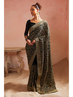 Soch - Womens Black Ethnic Embroidery Georgette Saree with Unstitched Blouse