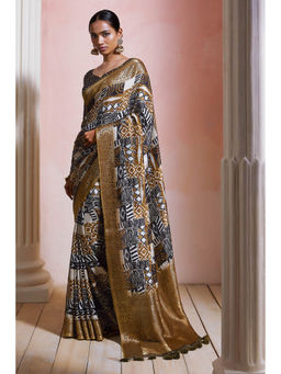 Soch - Womens Beige Crepe Geometric Print Zari Woven Designs Saree with Unstitched Blouse