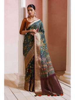 Soch - Womens Green Crepe Floral Kalamkari Print Zari Border Saree with Unstitched Blouse