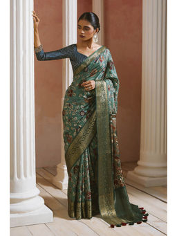 Soch - Womens Turquoise Blue Crepe Floral Kalamkari Print Saree with Unstitched Blouse