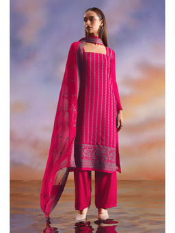 Soch - Womens Fuchsia Organza Unstitched Dress Material with Paisley Embroidery and Sequins (Set of 3)