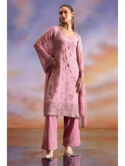 Soch - Womens Blush Pink Organza Unstitched Dress Material with Floral Embroidery (Set of 3)