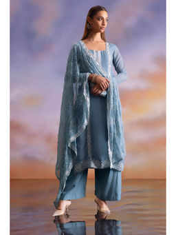 Soch - Womens Powder Blue Organza Unstitched Dress Material with Floral Embroidery (Set of 3)