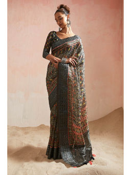 Soch - Grey Organza Pochampally Printed Designs and Sequins Saree with Unstitched Blouse