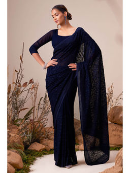 Soch - Navy Blue Georgette Floral Self Embroidery and Stones Saree with Unstitched Blouse