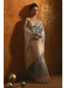 Soch - Grey Tussar Silk Foliage Woven Designs and Beige Pallu Saree with Unstitched Blouse