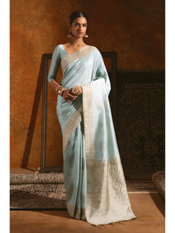 Soch - Powder Blue Tussar Silk Woven Floral Designs Saree with Unstitched Blouse