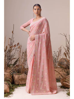 Soch - Blush Pink Georgette Floral Embroidery and Stone Work Saree with Unstitched Blouse