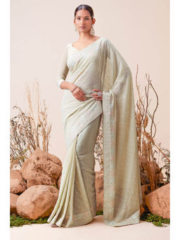 Soch - Sap Green Georgette Paisley Embroidery and Stone Saree with Unstitched Blouses