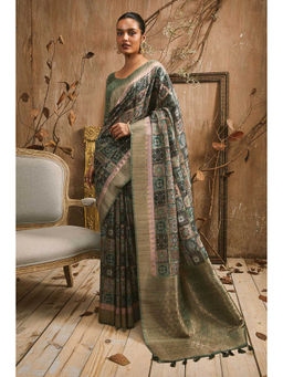 Soch - Olive Tussar Silk Ethnic Print and Zari Woven Designs Saree with Unstitched Blouse