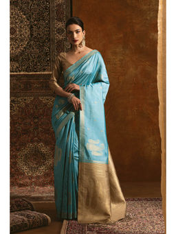 Soch - Turquoise Blue Tussar Silk Woven Paisley Designs and Beige Pallu Saree with Unstitched Blouse