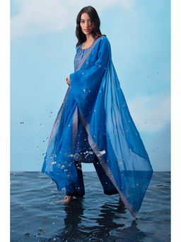 Soch - Blue Silk Unstitched Dress Material with Zari Woven Floral Designs and Embroidery (Set of 3)