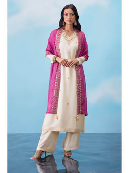 Soch - Cream Silk Unstitched Dress Material Floral Embroidery and Bandhani Printed Dupatta (Set of 3)