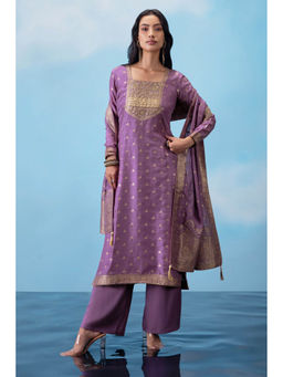 Soch - Purple Silk Unstitched Dress Material with Zari Woven Designs and Hand Embroidery (Set of 3)