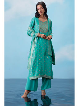 Soch - Green Silk Unstitched Dress Material with Zari Woven Designs and Hand Embroidery (Set of 3)
