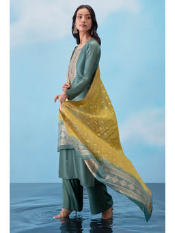 Soch - Teal Silk Unstitched Dress Material with Zari Embroidery and Woven Designs (Set of 3)