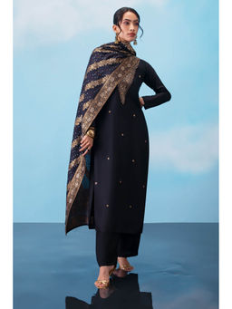 Soch - Black Silk Unstitched Dress Material Floral Embroidery and Zari Woven Dupatta (Set of 3)