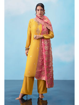 Soch - Mustard Silk Unstitched Dress Material with Embroidery and Blush Pink Dupatta (Set of 3)