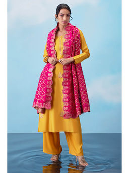 Soch - Mustard Silk Unstitched Dress Material with Embroidery and Fuchsia Dupatta (Set of 3)