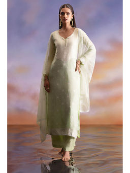 Soch - Green Organza Floral Print Dress Material (Set of 3)