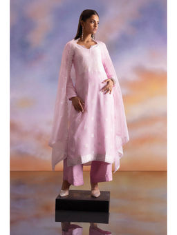 Soch - Pink Organza Floral Print Dress Material (Set of 3)