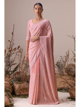 Soch - Coral Georgette Floral Print Saree with Unstitched Blouse