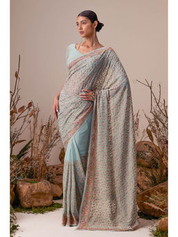 Soch - Blue Georgette Floral Print Saree with Unstitched Blouse