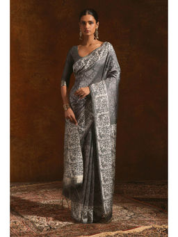 Soch - Charcoal Silk Printed Saree with Unstitched Blouse