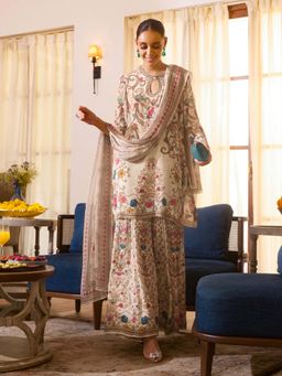 Label S4U - Beige Floral Embroidered Kurti with Sharara and Dupatta (Set of 3)