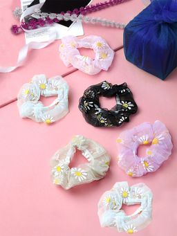Yellow Chimes - Women Set of 6 Floral Printed Light Weight Srunchies