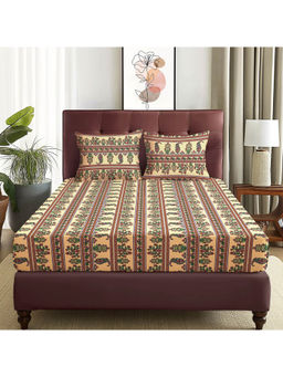 Story@Home - 180 TC Beige Motif Floral Microfiber Double Size Bedsheet with 2 Pillow Covers