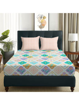 Story@Home - 180 TC Teal & White Motif Microfiber Double Size Bedsheet with 2 Pillow Covers
