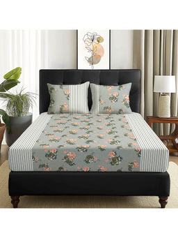 Story@Home - 180 TC Grey Floral Microfiber Double Size Bedsheet with 2 Pillow Covers