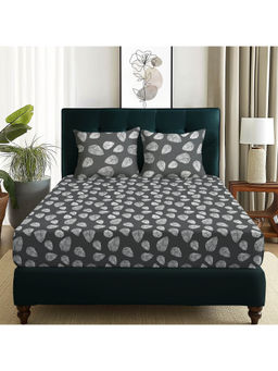 Story@Home - 180 TC Grey Leaf Microfiber Double Size Bedsheet with 2 Pillow Covers