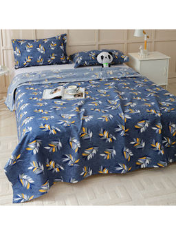 Story@Home - 180 TC Blue Leaf Microfiber Double Size Bedsheet with 2 Pillow Covers