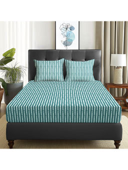 Story@Home - 180 TC Green Stripes Microfiber Double Size Bedsheet with 2 Pillow Covers