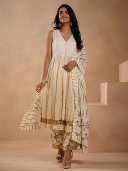 Gajra Gang - Lavendare Off White V-Neck Flared Kurta,Palazzo & Dupatta GGSKD119 (Set of 3)