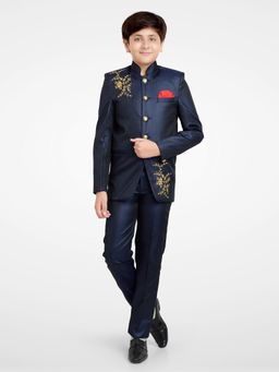 Jeetethnics - Boys Navy Blue Embroidered Jodhpuri Coat With Trousers