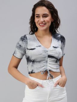SHOWOFF - Women's Tie And Dye Fitted Grey V-neck Crop Top