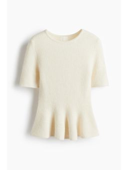 H&M - Women Beige Rib-Knit Peplum Top