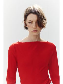 H&M - Women Red Ribbed Boat-Neck Top