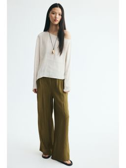 H&M - Women Green Crinkled Viscose-Blend Trousers