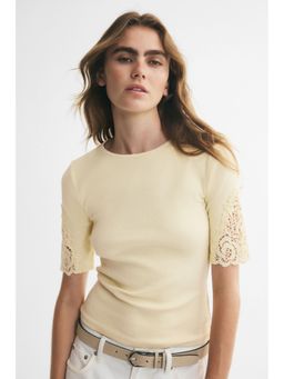 H&M - Women Yellow Ribbed Lace-Inset Top