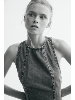 H&M - Women Blue Flared-Skirt Denim Dress