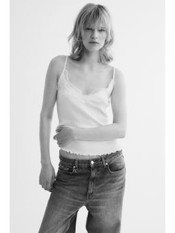 H&M - Women White Lace-Trimmed Pointelle-Knit Top
