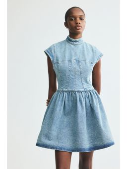H&M - Women Blue Flared-Skirt Denim Dress